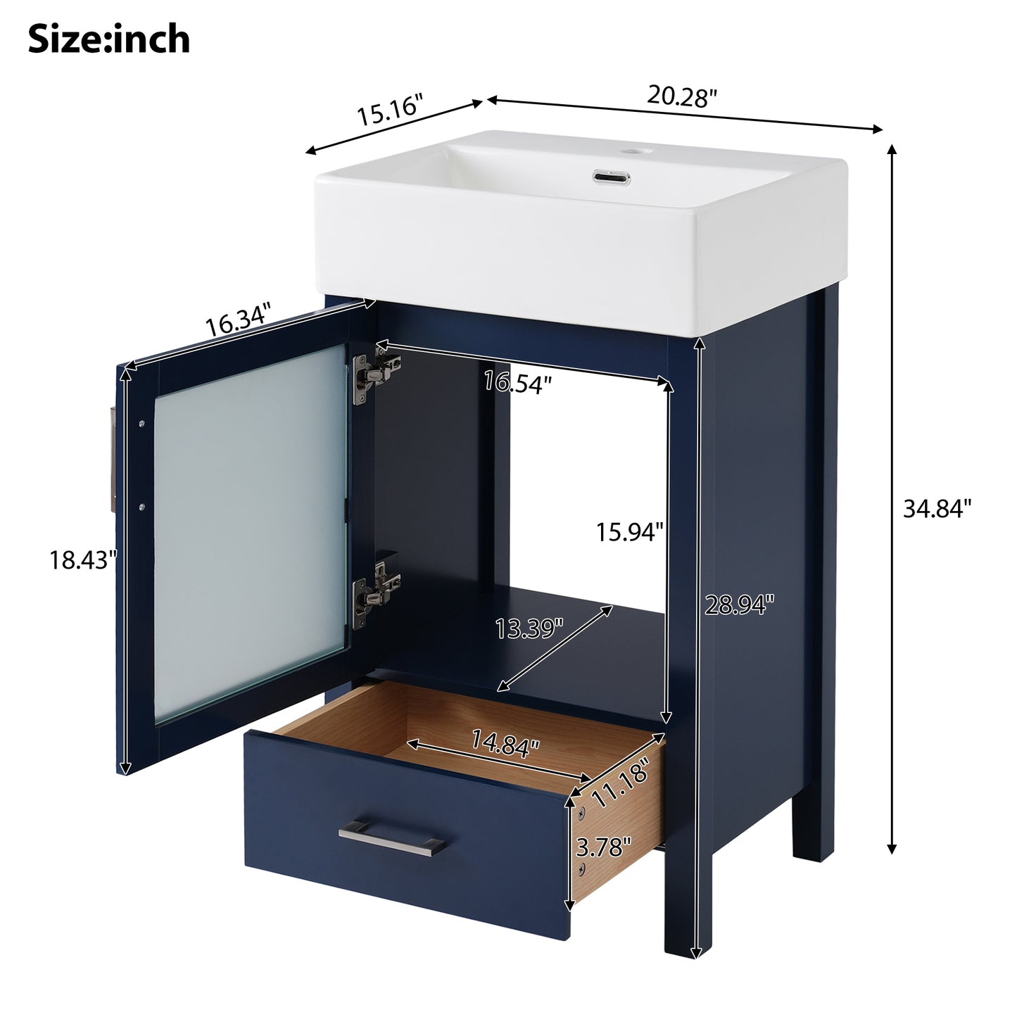 VanityFus 20.28-in Single Sink Combo Bathroom Vanity Blue With White Ceramic Top 1 Soft-Close Doors 1 drawer