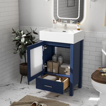VanityFus 20.28-in Single Sink Combo Bathroom Vanity Blue With White Ceramic Top 1 Soft-Close Doors 1 drawer