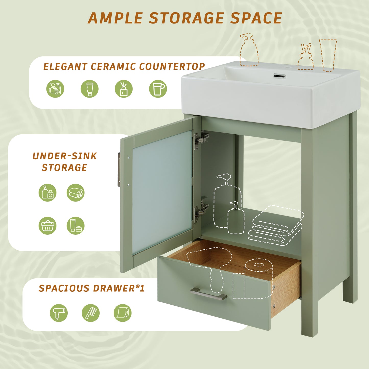 VanityFus 20.28-in Single Sink Combo Bathroom Vanity Green With White Ceramic Top 1 Soft-Close Doors 1 drawer