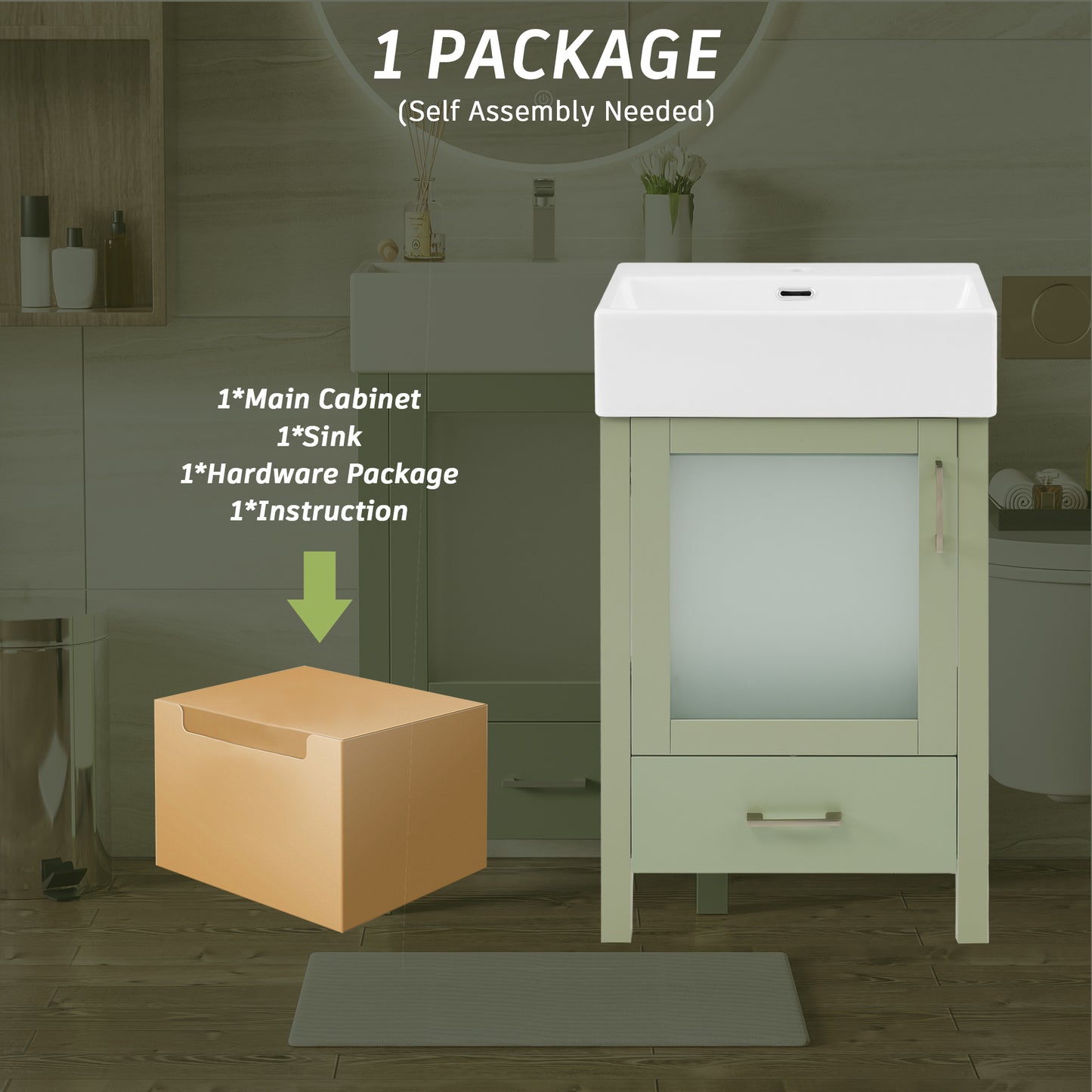 VanityFus 20.28-in Single Sink Combo Bathroom Vanity Green With White Ceramic Top 1 Soft-Close Doors 1 drawer