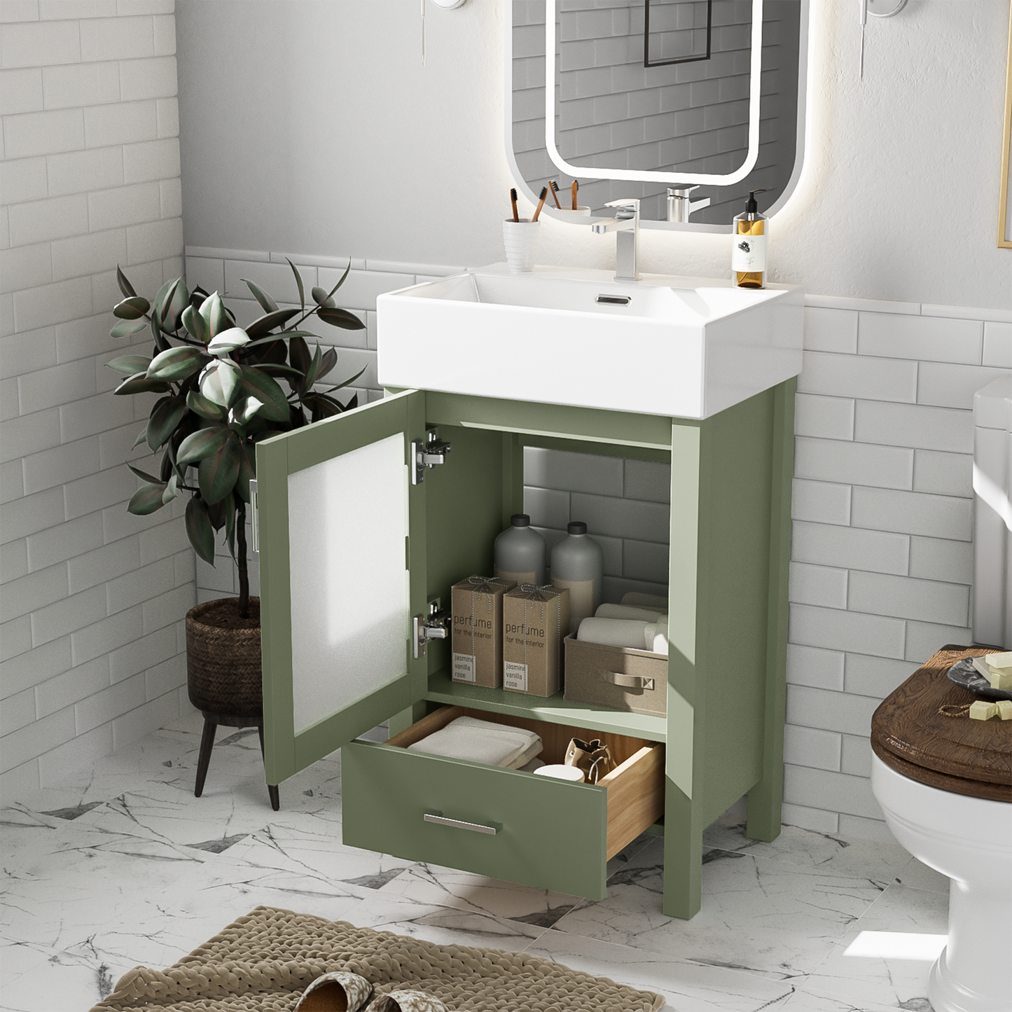 VanityFus 20.28-in Single Sink Combo Bathroom Vanity Green With White Ceramic Top 1 Soft-Close Doors 1 drawer