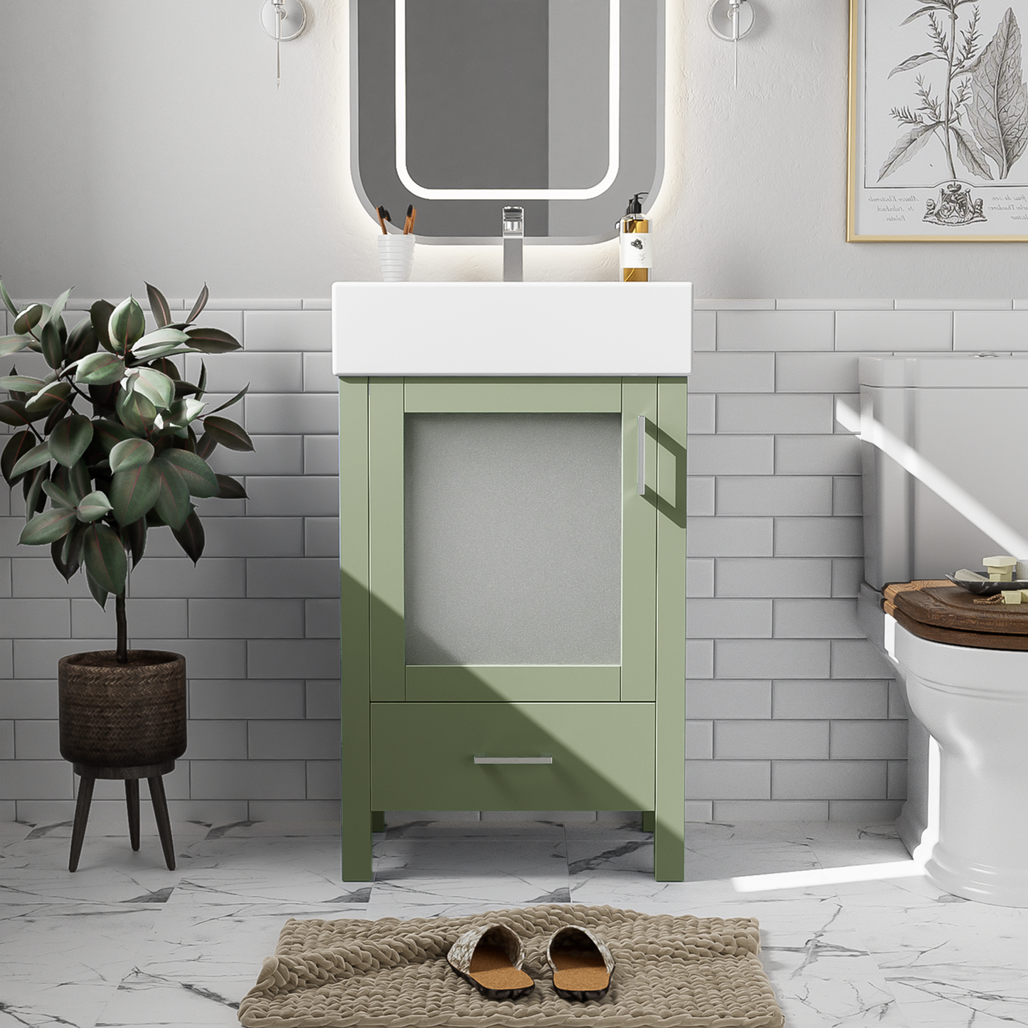 VanityFus 20.28-in Single Sink Combo Bathroom Vanity Green With White Ceramic Top 1 Soft-Close Doors 1 drawer