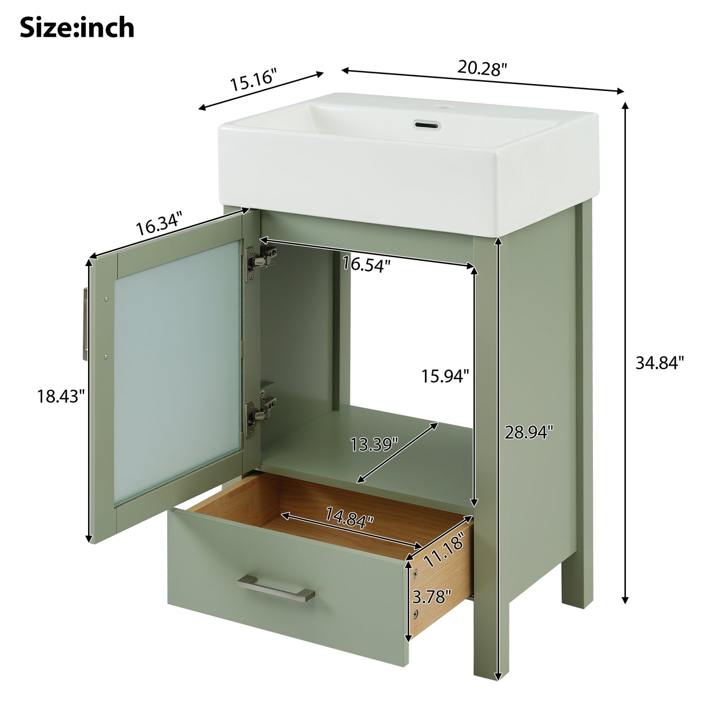 VanityFus 20.28-in Single Sink Combo Bathroom Vanity Green With White Ceramic Top 1 Soft-Close Doors 1 drawer
