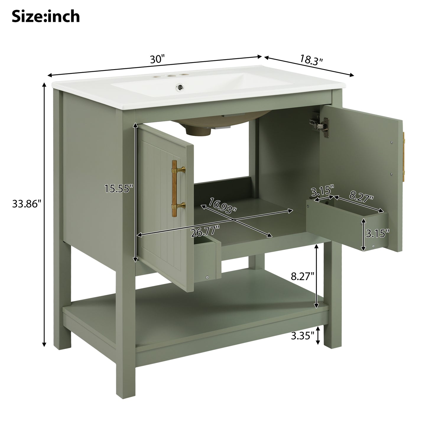 VanityFus 30-in Single Sink Combo Bathroom Vanity Green With White Ceramic Top 2 Soft-Close Doors