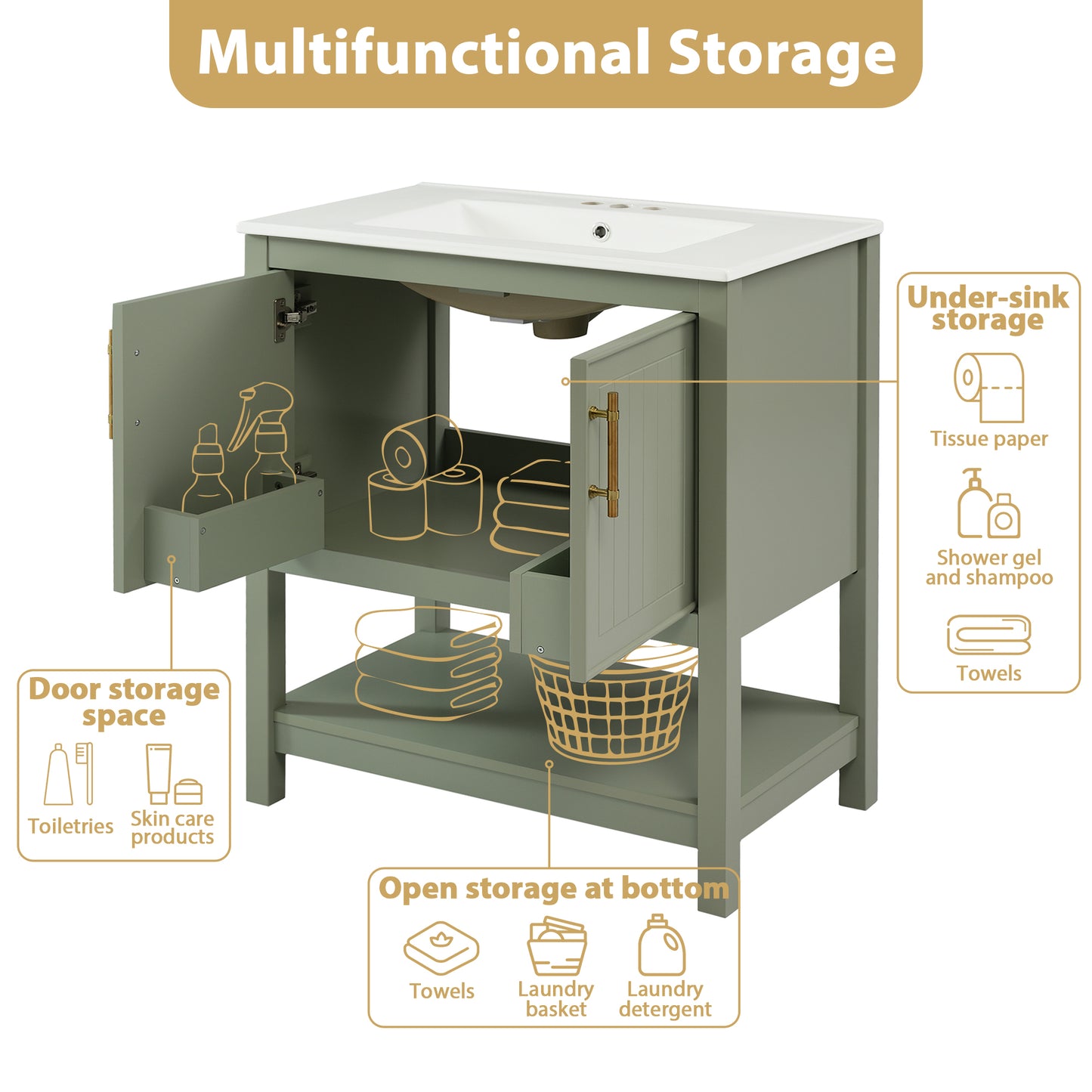 VanityFus 30-in Single Sink Combo Bathroom Vanity Green With White Ceramic Top 2 Soft-Close Doors