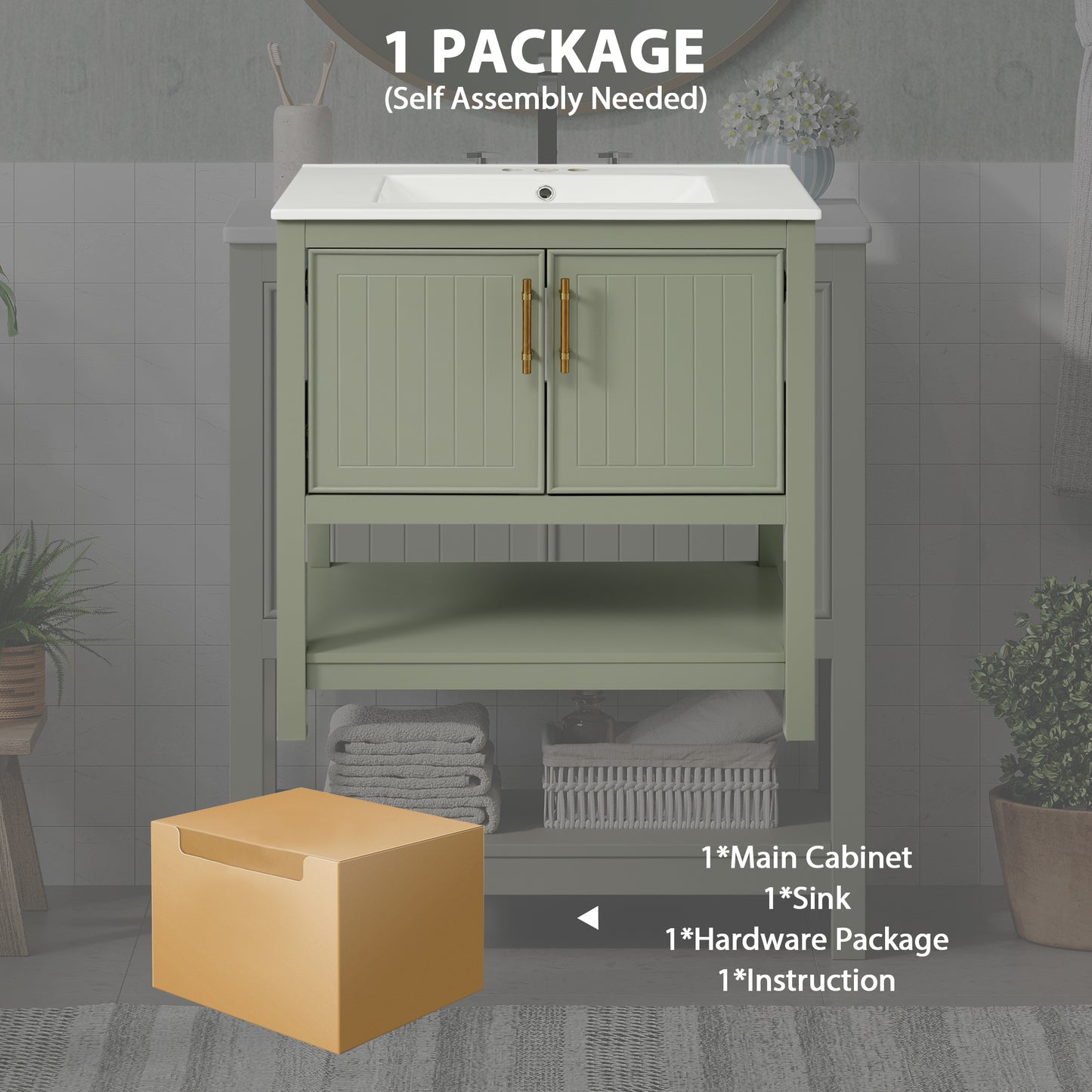 VanityFus 30-in Single Sink Combo Bathroom Vanity Green With White Ceramic Top 2 Soft-Close Doors