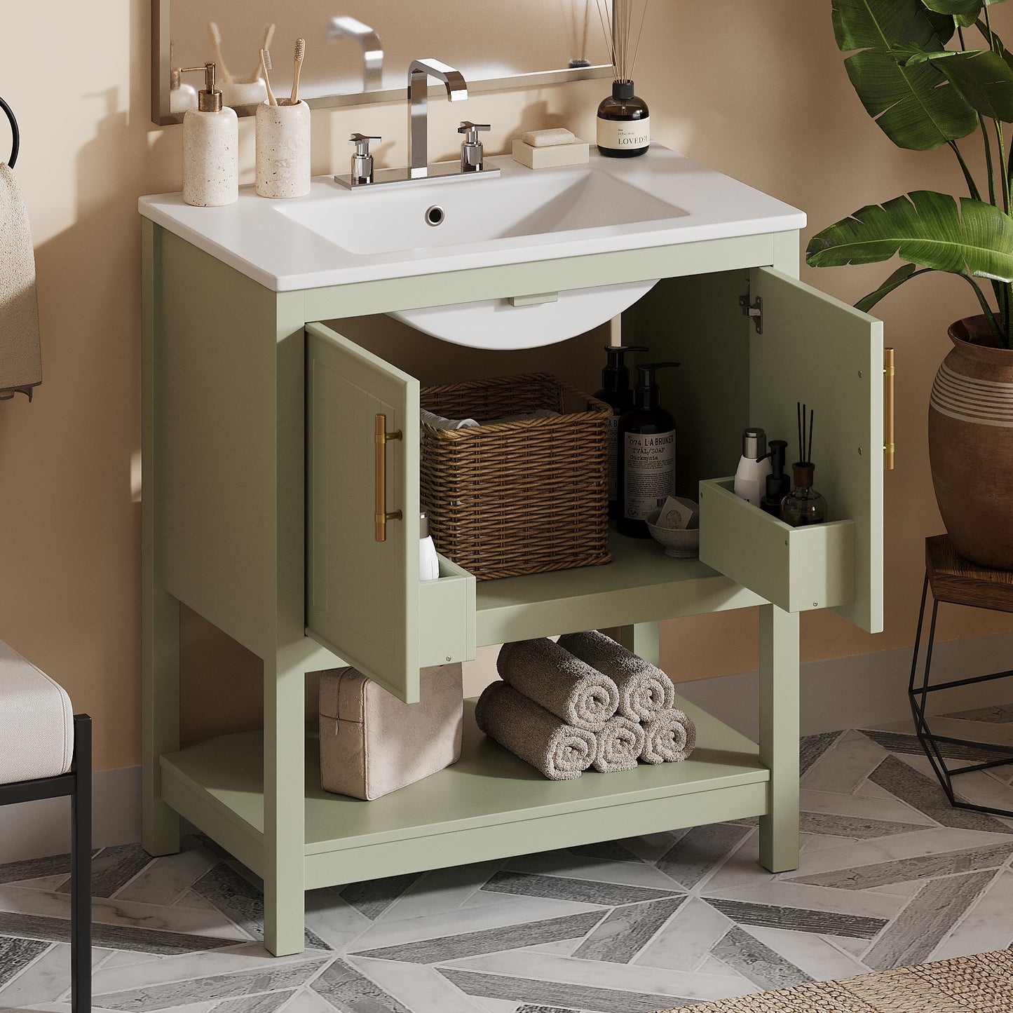 VanityFus 30-in Single Sink Combo Bathroom Vanity Green With White Ceramic Top 2 Soft-Close Doors