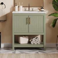 VanityFus 30-in Single Sink Combo Bathroom Vanity Green With White Ceramic Top 2 Soft-Close Doors