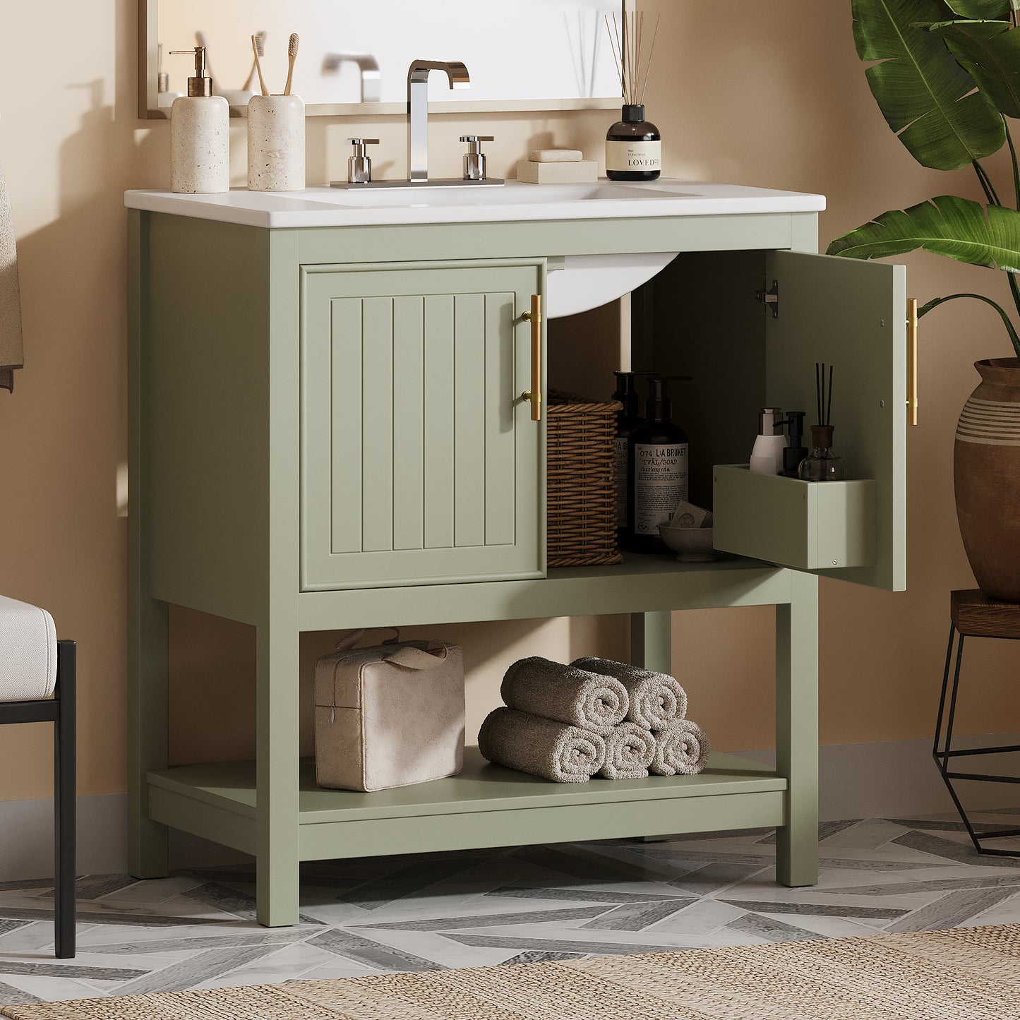 VanityFus 30-in Single Sink Combo Bathroom Vanity Green With White Ceramic Top 2 Soft-Close Doors