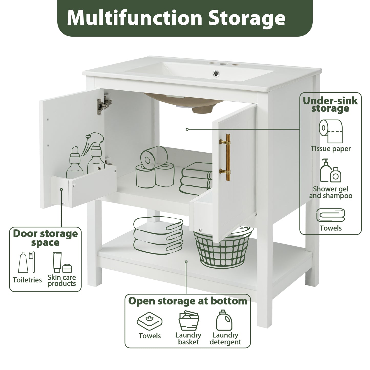 VanityFus 30-in Single Sink Combo White Bathroom Vanity With Ceramic Top 2 Soft-Close Doors