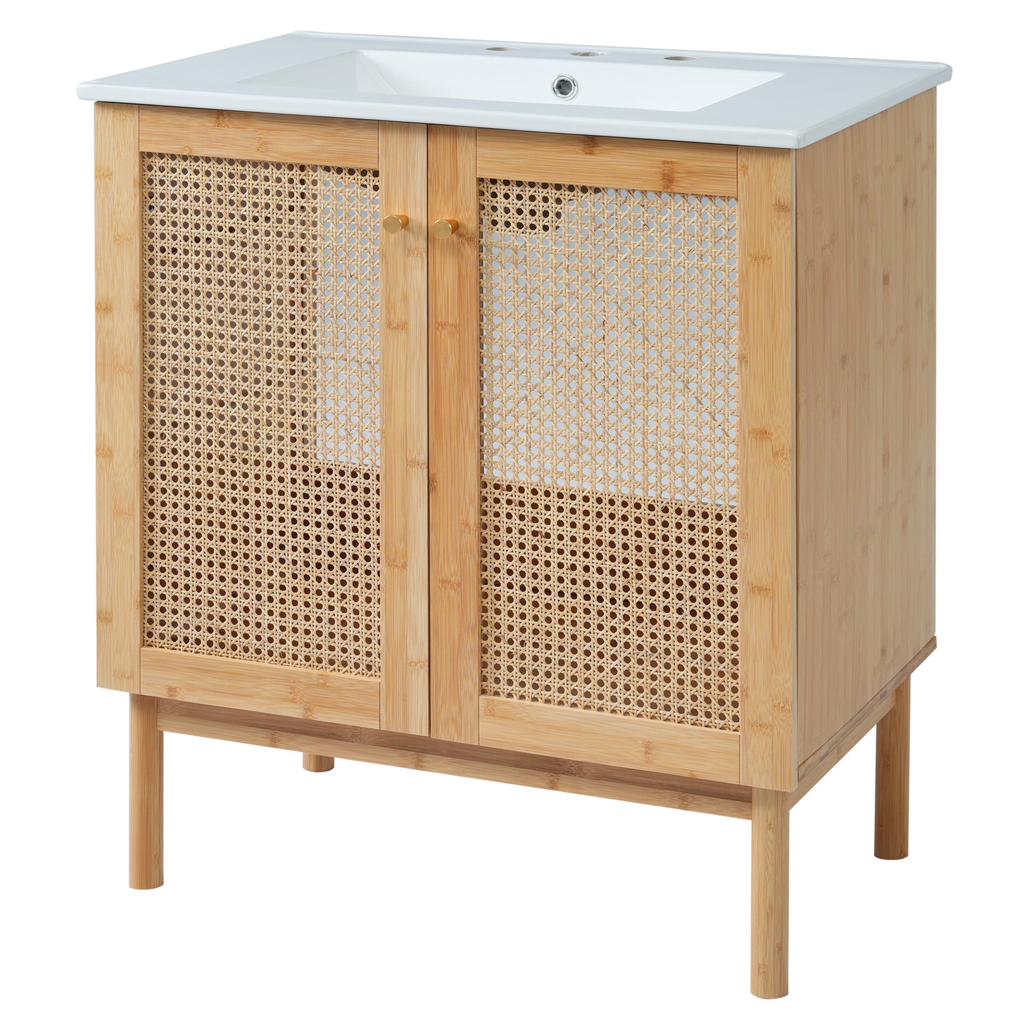 VanityFus 29.9-in Single Sink Combo White Bathroom Vanity Wood Rattan Ceramic Top 2 Soft-Close Doors