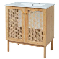 VanityFus 29.9-in Single Sink Combo White Bathroom Vanity Wood Rattan Ceramic Top 2 Soft-Close Doors