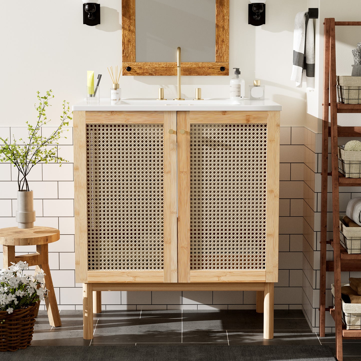 VanityFus 29.9-in Single Sink Combo White Bathroom Vanity Wood Rattan Ceramic Top 2 Soft-Close Doors