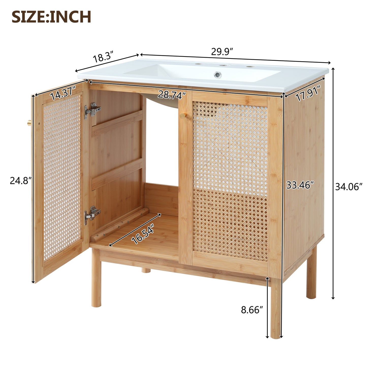 VanityFus 29.9-in Single Sink Combo White Bathroom Vanity Wood Rattan Ceramic Top 2 Soft-Close Doors