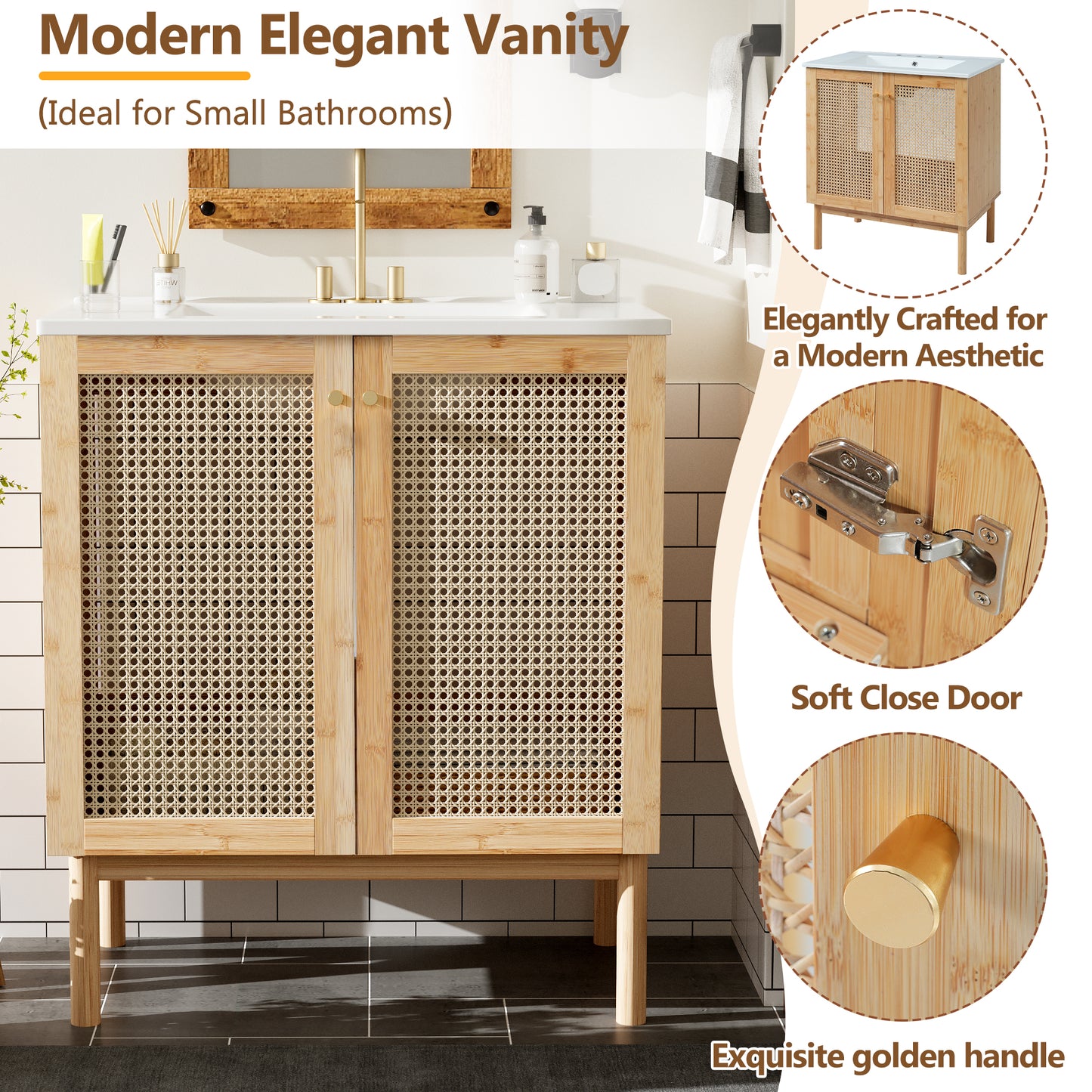 VanityFus 29.9-in Single Sink Combo White Bathroom Vanity Wood Rattan Ceramic Top 2 Soft-Close Doors