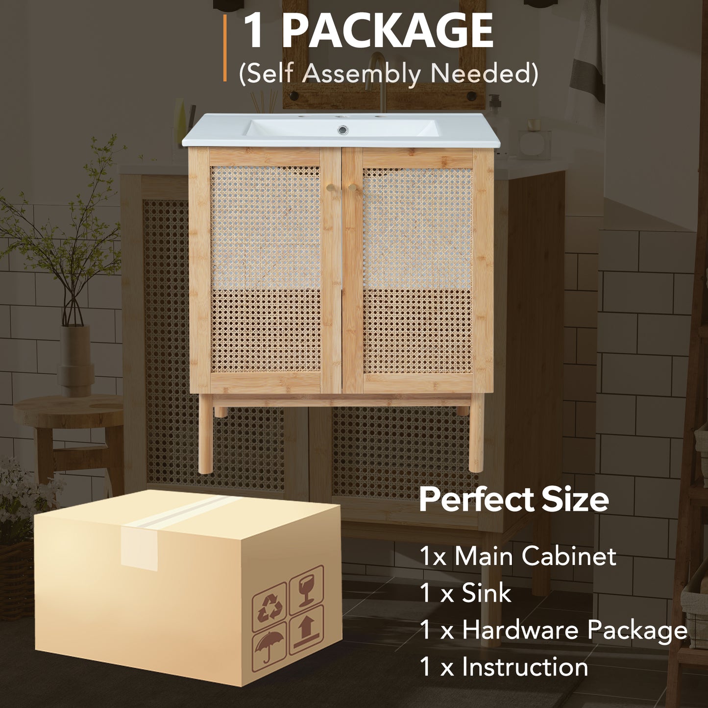 VanityFus 29.9-in Single Sink Combo White Bathroom Vanity Wood Rattan Ceramic Top 2 Soft-Close Doors