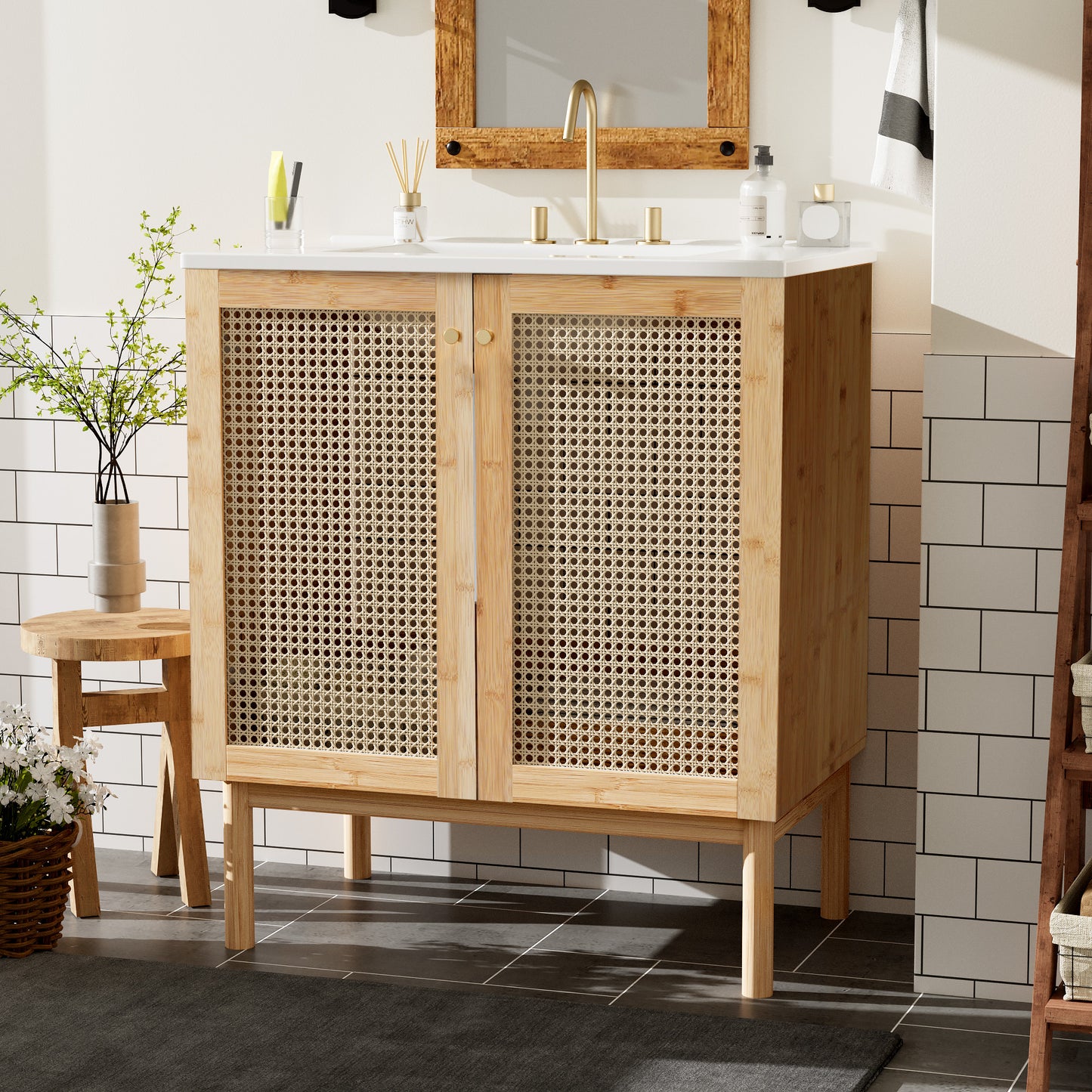 VanityFus 29.9-in Single Sink Combo White Bathroom Vanity Wood Rattan Ceramic Top 2 Soft-Close Doors