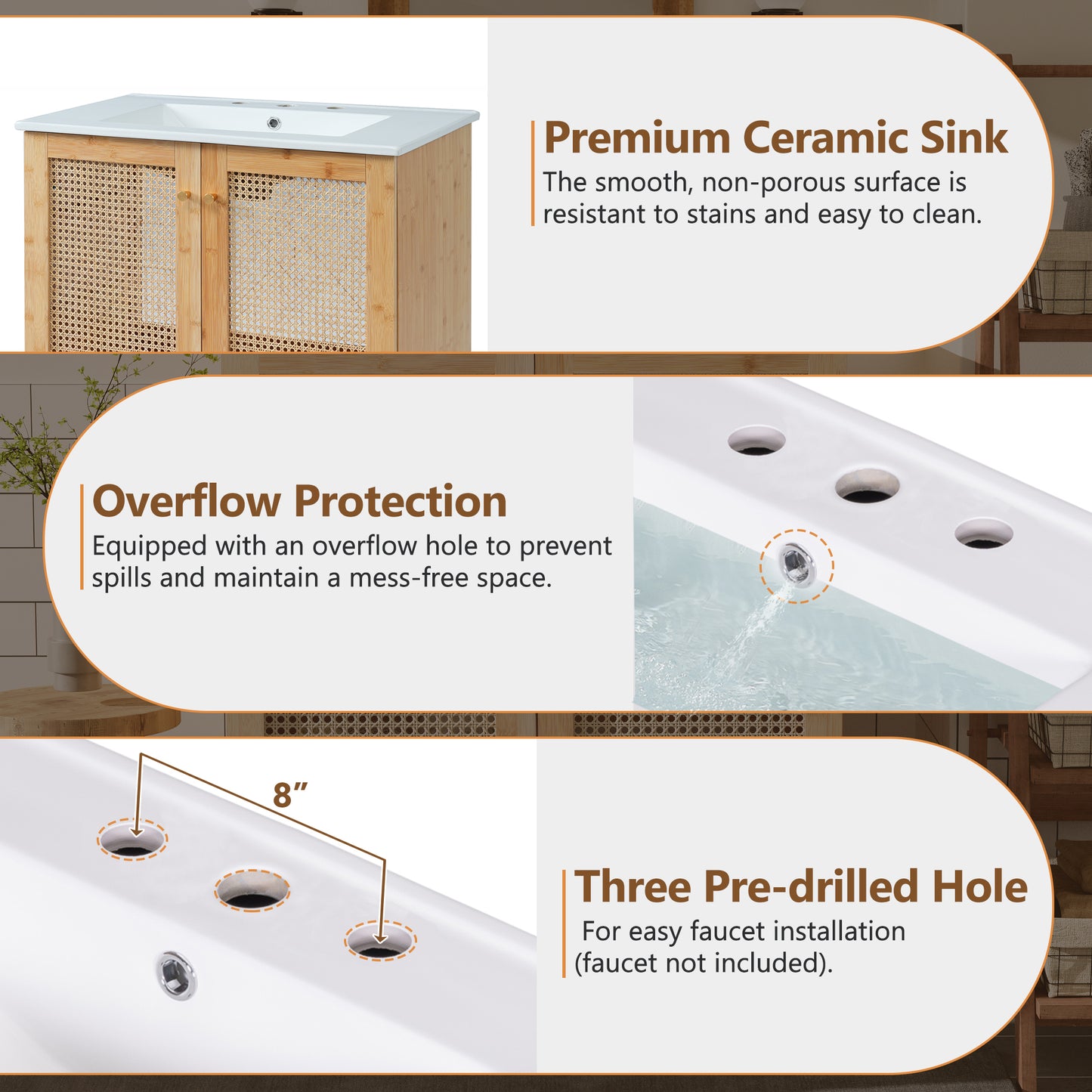 VanityFus 29.9-in Single Sink Combo White Bathroom Vanity Wood Rattan Ceramic Top 2 Soft-Close Doors