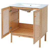VanityFus 29.9-in Single Sink Combo White Bathroom Vanity Wood Rattan Ceramic Top 2 Soft-Close Doors