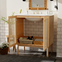VanityFus 29.9-in Single Sink Combo White Bathroom Vanity Wood Rattan Ceramic Top 2 Soft-Close Doors