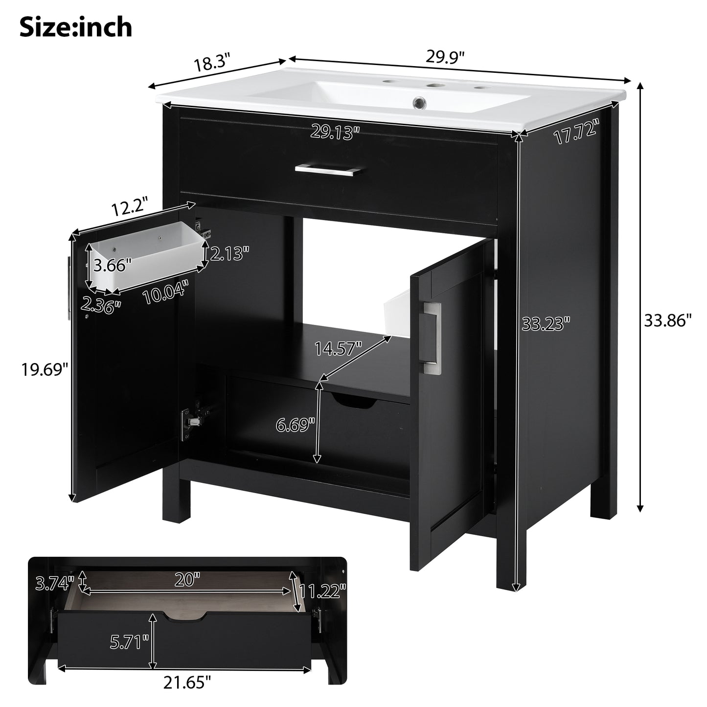 VanityFus 29.9-in Single Sink Combo Black Bathroom Vanity With Ceramic Top 2 Soft-Close Doors 1 drawer