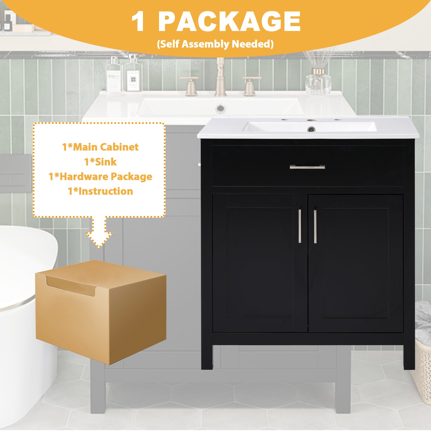 VanityFus 29.9-in Single Sink Combo Black Bathroom Vanity With Ceramic Top 2 Soft-Close Doors 1 drawer