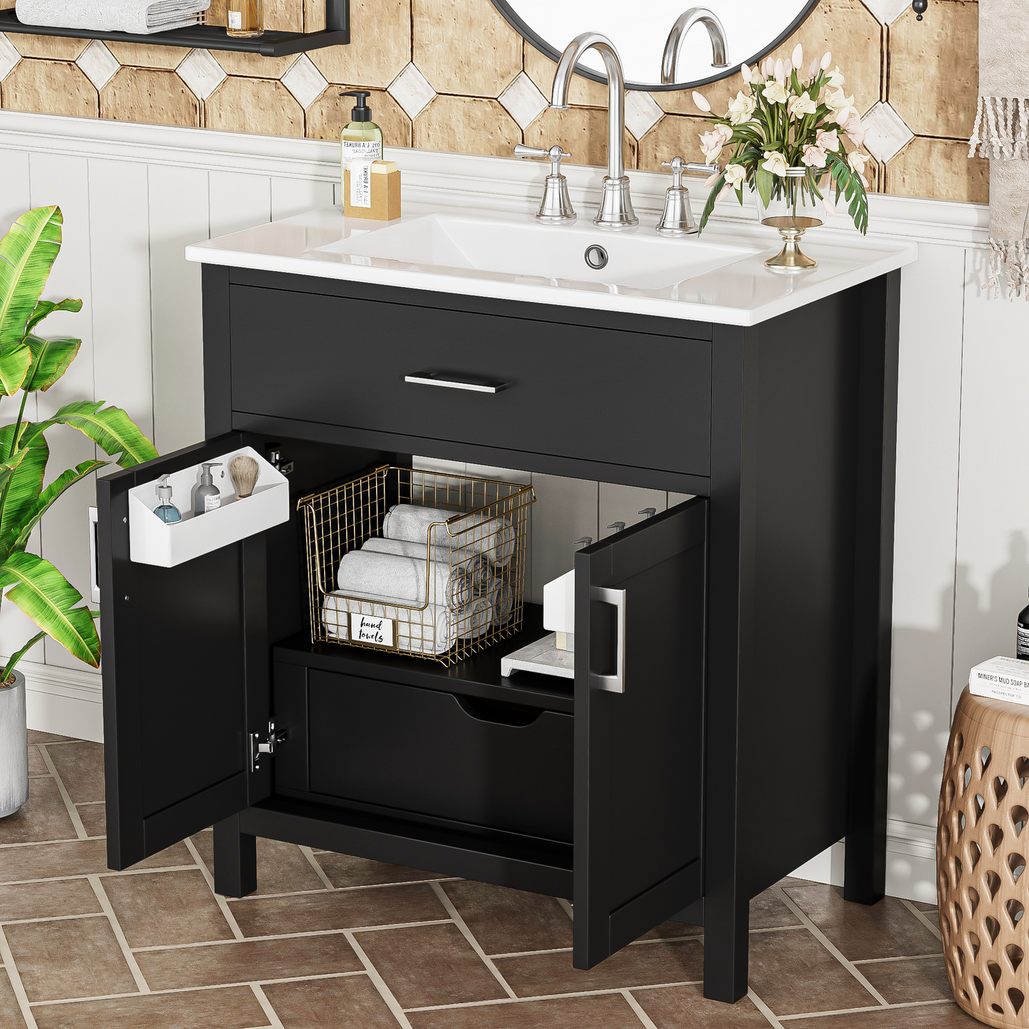 VanityFus 29.9-in Single Sink Combo Black Bathroom Vanity With Ceramic Top 2 Soft-Close Doors 1 drawer
