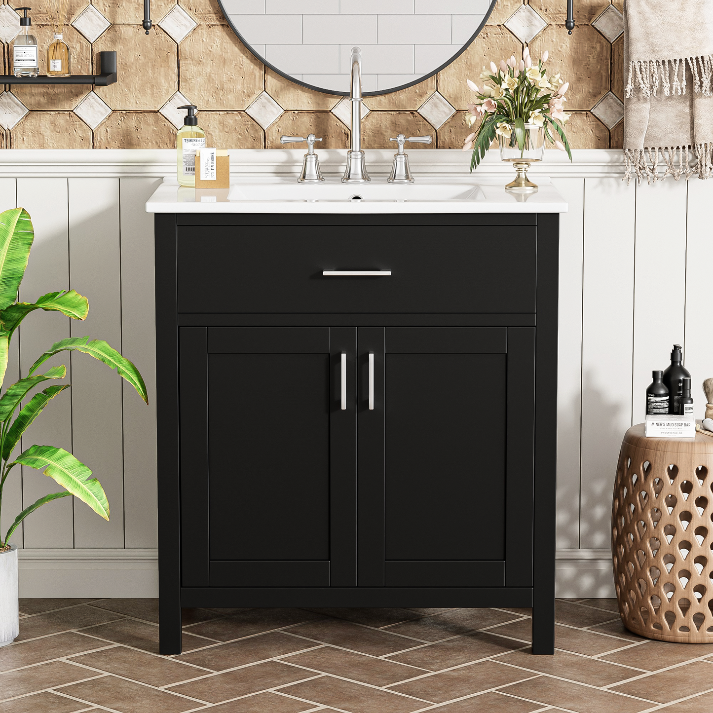 VanityFus 29.9-in Single Sink Combo Black Bathroom Vanity With Ceramic Top 2 Soft-Close Doors 1 drawer