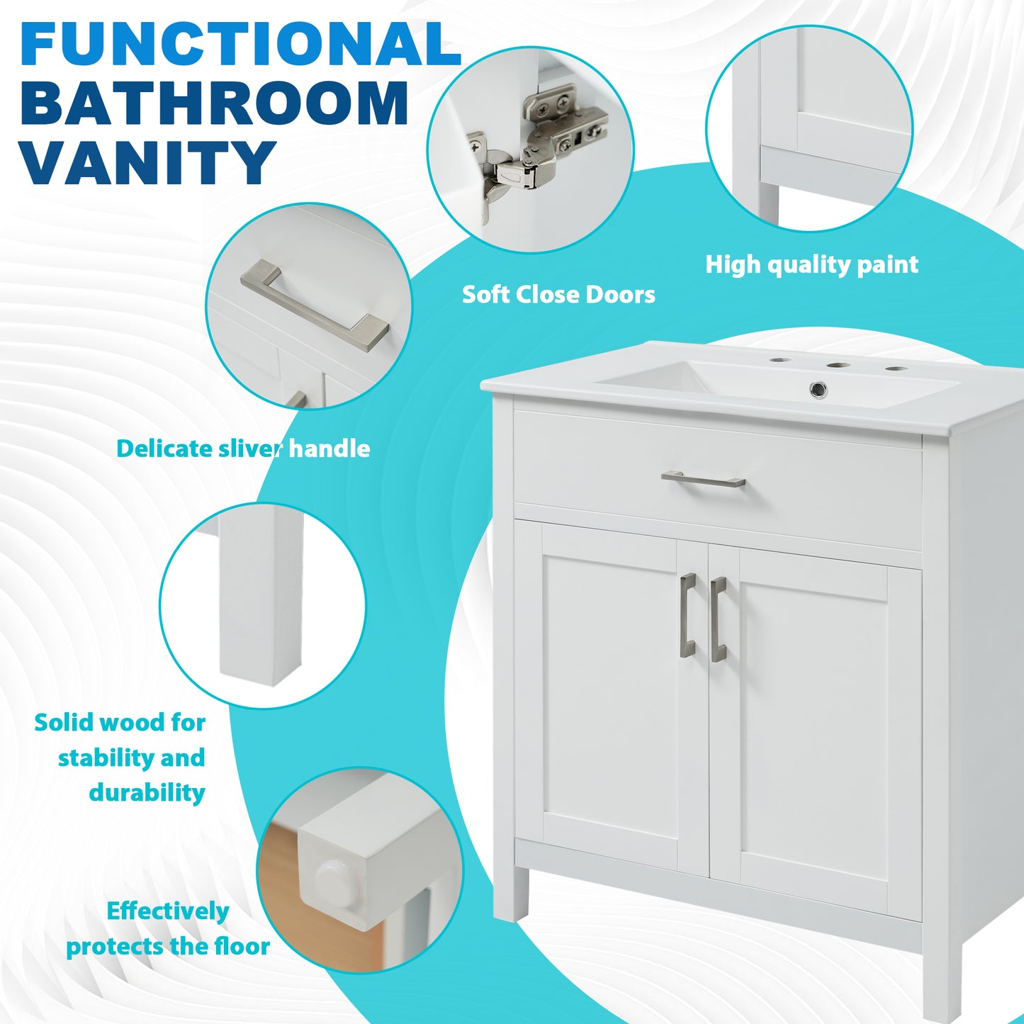 VanityFus 29.9-in Single Sink Combo White Bathroom Vanity With Ceramic Top 2 Soft-Close Doors 1 drawer