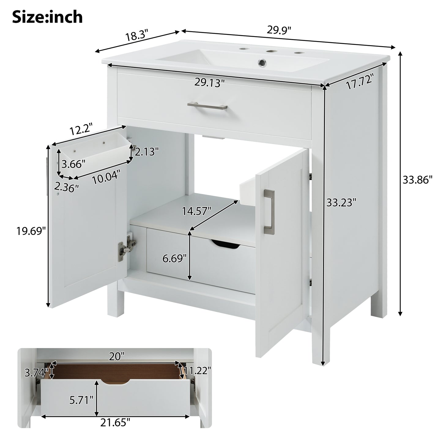VanityFus 29.9-in Single Sink Combo White Bathroom Vanity With Ceramic Top 2 Soft-Close Doors 1 drawer