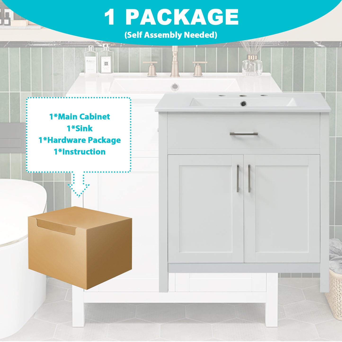 VanityFus 29.9-in Single Sink Combo White Bathroom Vanity With Ceramic Top 2 Soft-Close Doors 1 drawer