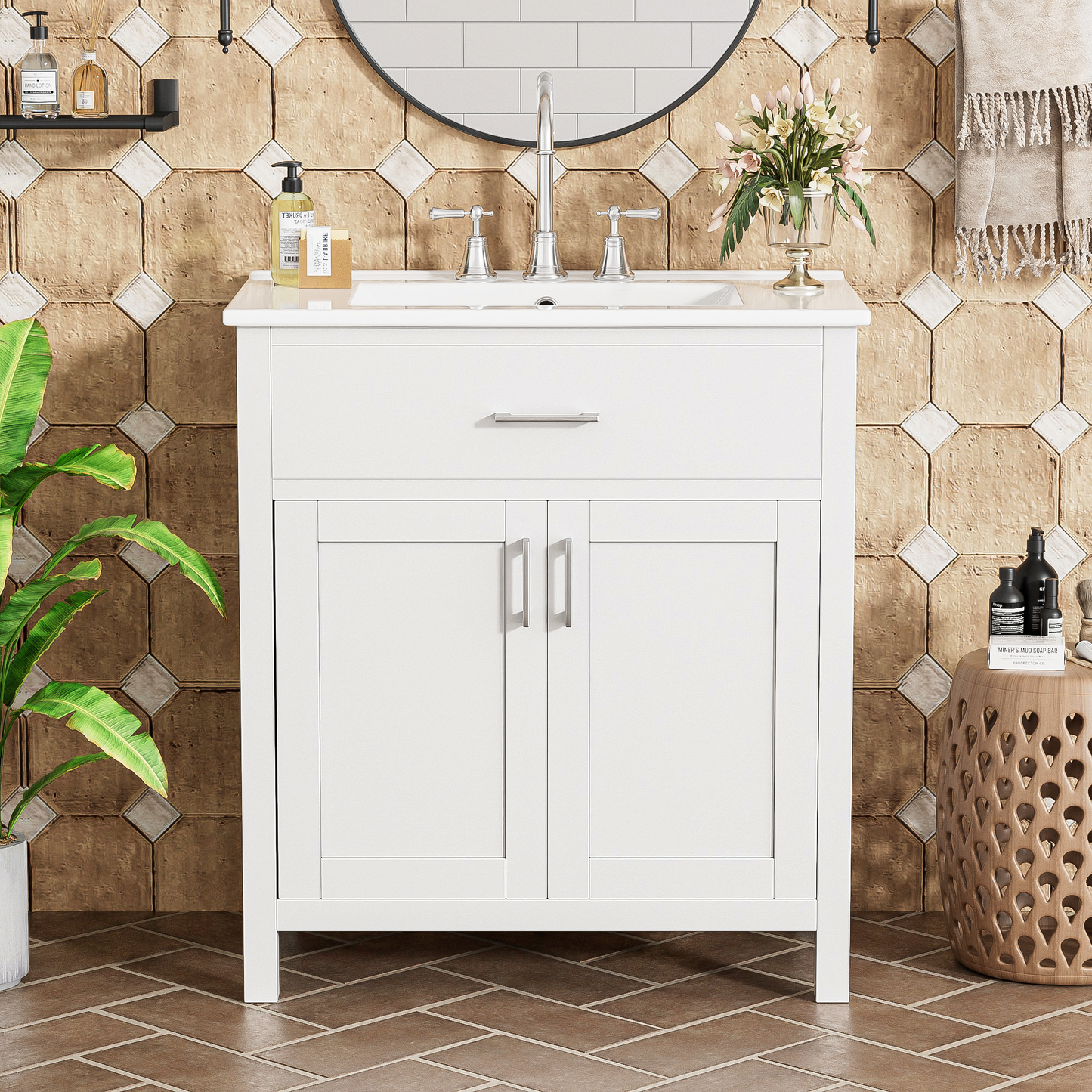 VanityFus 29.9-in Single Sink Combo White Bathroom Vanity With Ceramic Top 2 Soft-Close Doors 1 drawer