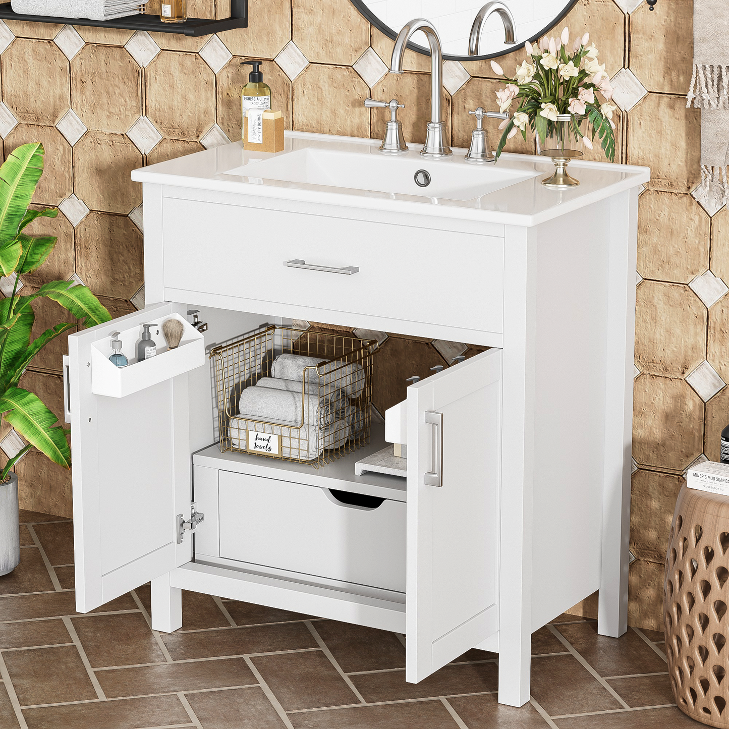VanityFus 29.9-in Single Sink Combo White Bathroom Vanity With Ceramic Top 2 Soft-Close Doors 1 drawer