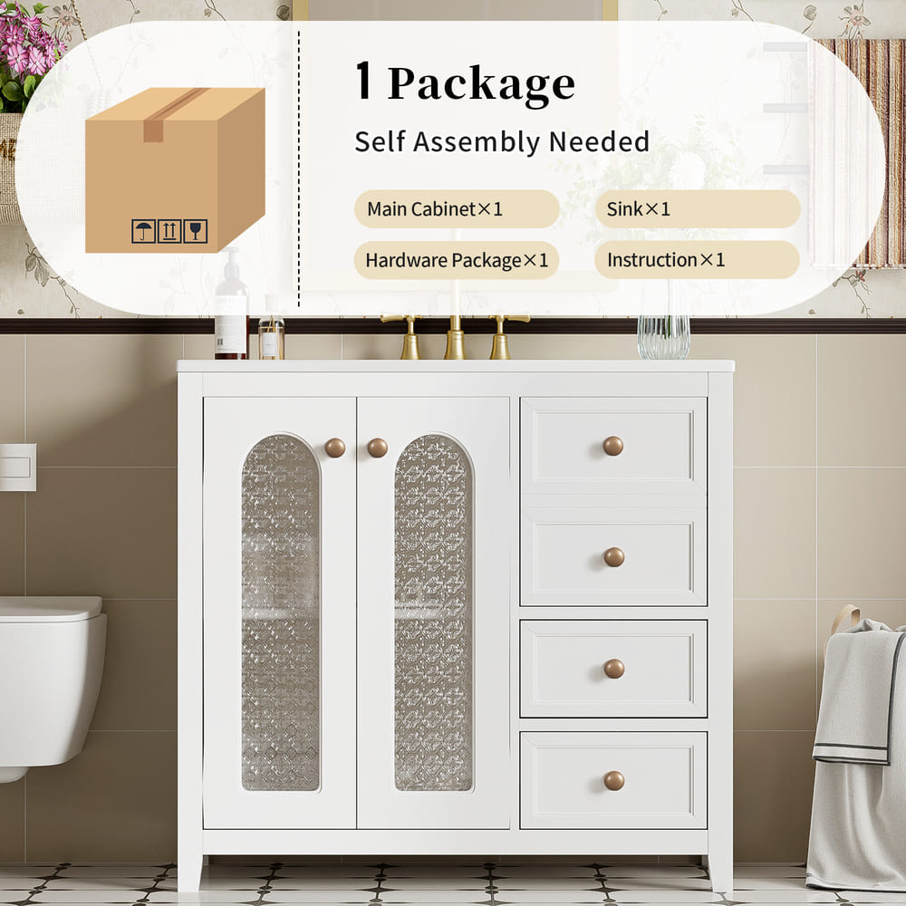 36-inch bathroom vanity with two soft-close doors, adjustable shelves and three drawers