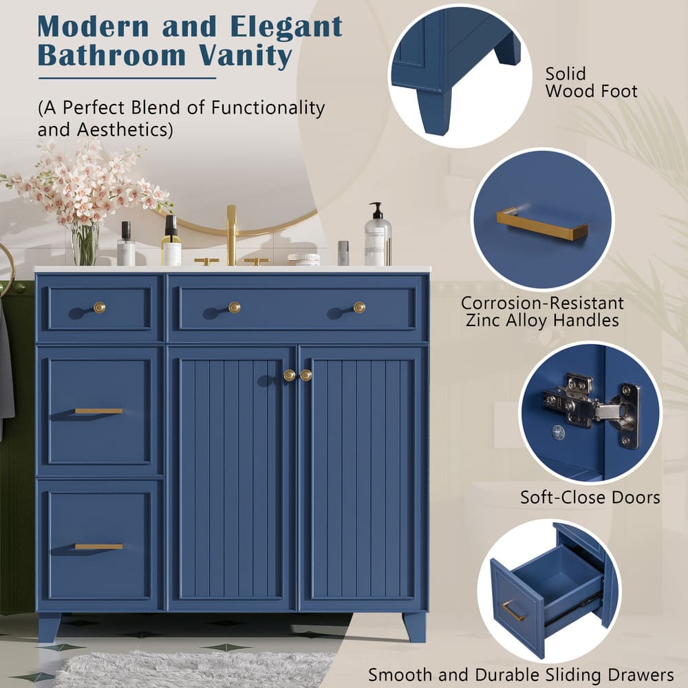36" Bathroom Vanity with Ceramic Sink, Standard and Double-Layer Drawers, Soft Close Doors, Adjustable Shelves, Modern Storage Cabinet for Small and Medium Bathrooms