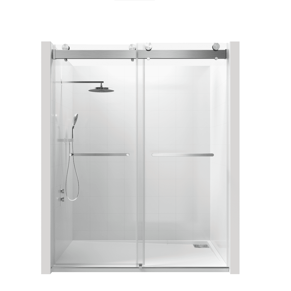 56 to 60 in W x 76 in H Double Sliding Frameless Soft-Close Shower Door with Premium 3/8 Inch (10mm) Thick Tampered Glass and Easy-cleaning Coating in Brushed Nickel/Matte Black