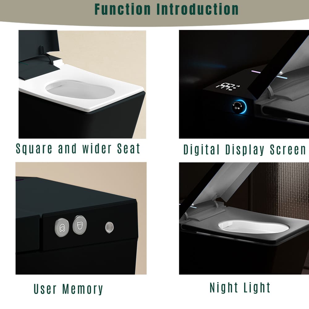Square Smart Toilet with Built-in Tank for Modern Bathroom, Remote Control, Tankless Bidet Toilet with Foot Touching Lid Opening, Auto Flush, Heated Seat, LED Digital Display, User Memory, White/Black