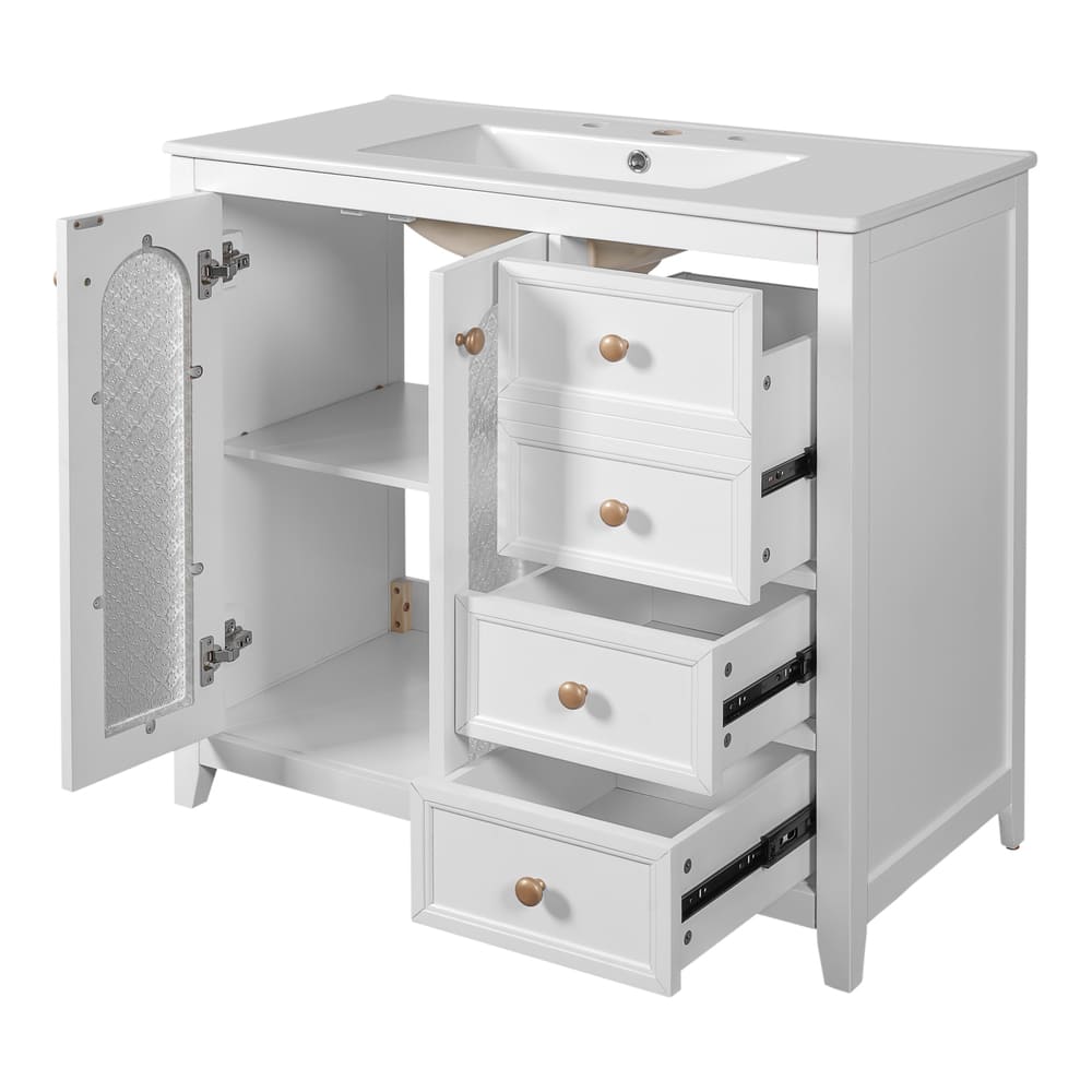 36-inch bathroom vanity with two soft-close doors, adjustable shelves and three drawers