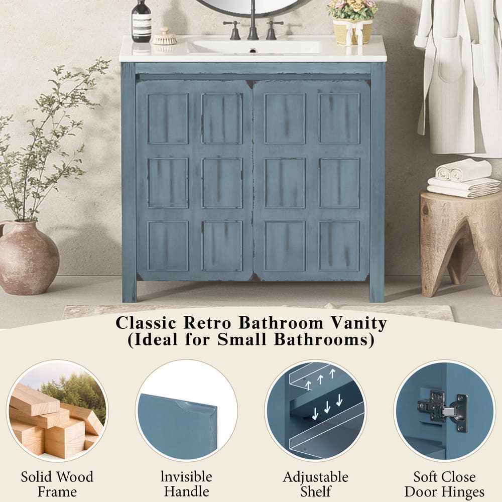 36 " Bathroom Vanity Organizer with Ceramic Sink, Set Bathroom Storage Cabinet,Antique White/Blue