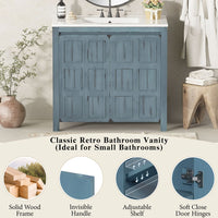 36 " Bathroom Vanity Organizer with Ceramic Sink, Set Bathroom Storage Cabinet,Antique White/Blue