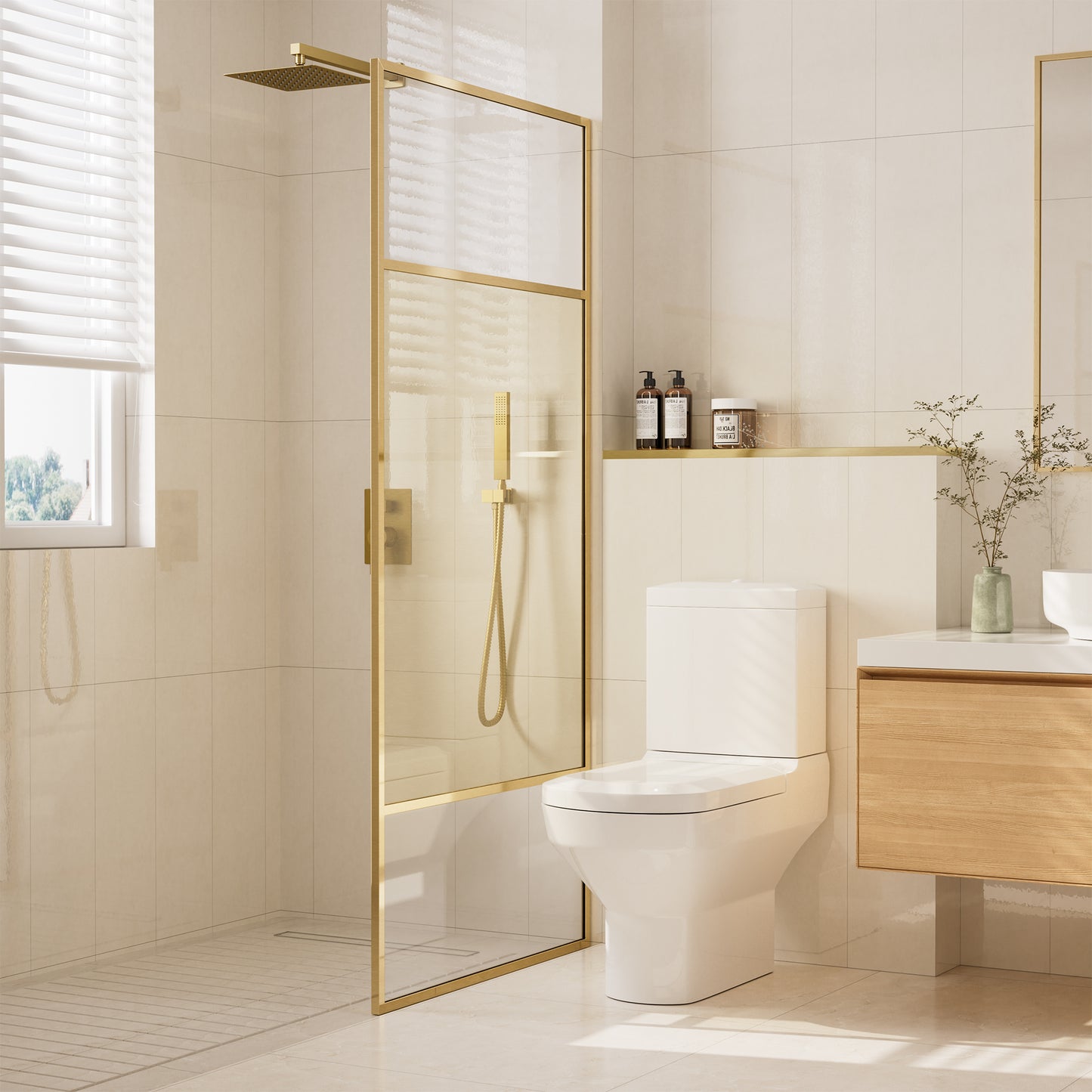 34 in W x 74 in H x 0.687 in. D Fixed Single Panel Shower Door in Brushed Nickel/Brushed Gold with Clear Glass and Frame