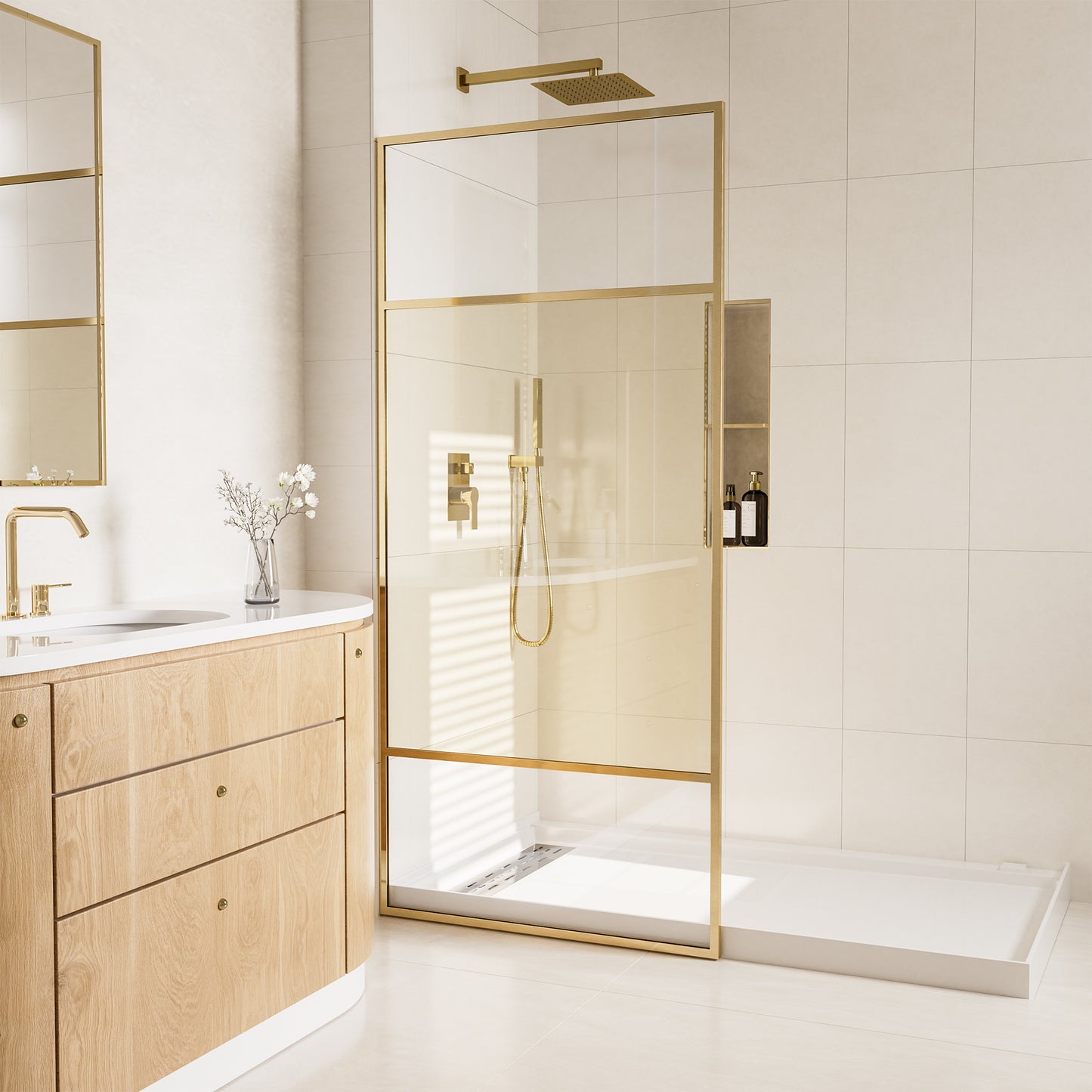 34 in W x 74 in H x 0.687 in. D Fixed Single Panel Shower Door in Brushed Nickel/Brushed Gold with Clear Glass and Frame