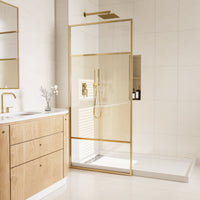 34 in W x 74 in H x 0.687 in. D Fixed Single Panel Shower Door in Brushed Nickel/Brushed Gold with Clear Glass and Frame