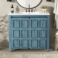 36 " Bathroom Vanity Organizer with Ceramic Sink, Set Bathroom Storage Cabinet,Antique White/Blue