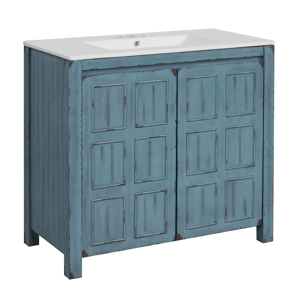 36 " Bathroom Vanity Organizer with Ceramic Sink, Set Bathroom Storage Cabinet,Antique White/Blue