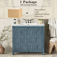 36 " Bathroom Vanity Organizer with Ceramic Sink, Set Bathroom Storage Cabinet,Antique White/Blue