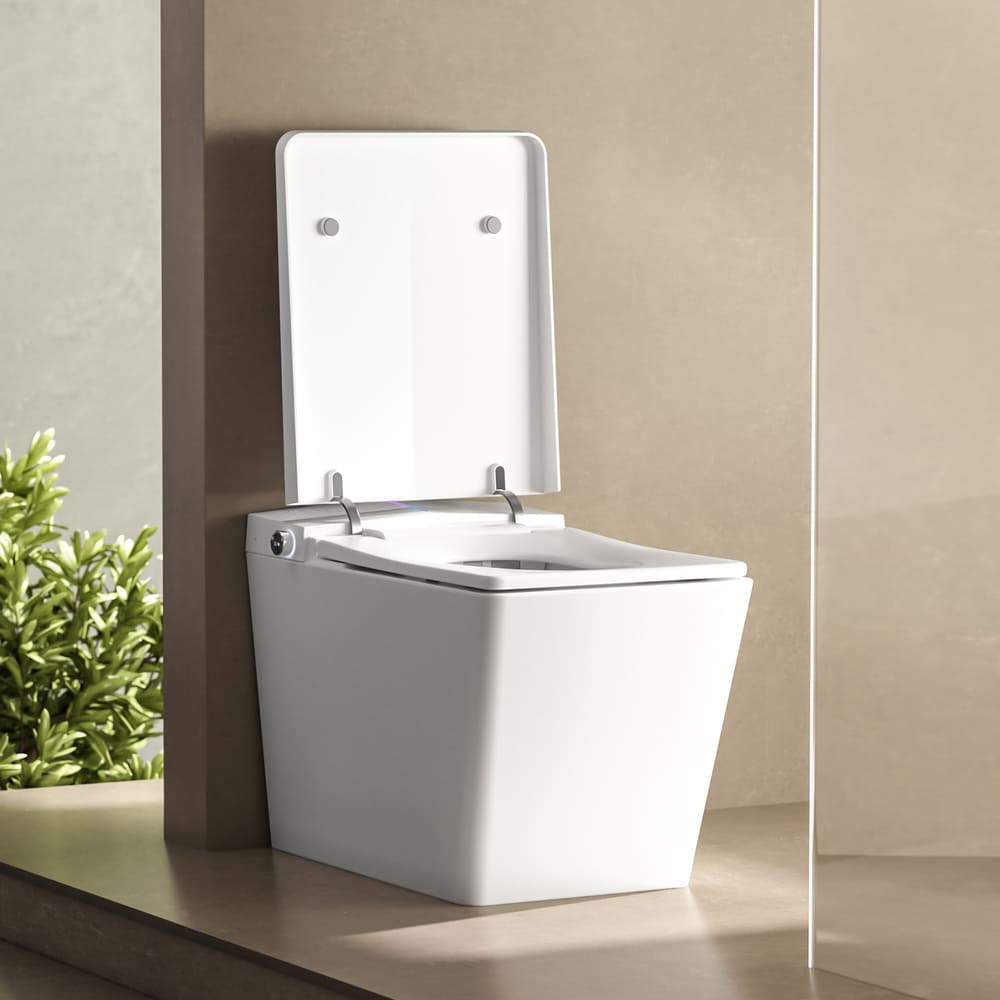 Square Smart Toilet with Built-in Tank for Modern Bathroom, Remote Control, Tankless Bidet Toilet with Foot Touching Lid Opening, Auto Flush, Heated Seat, LED Digital Display, User Memory, White/Black
