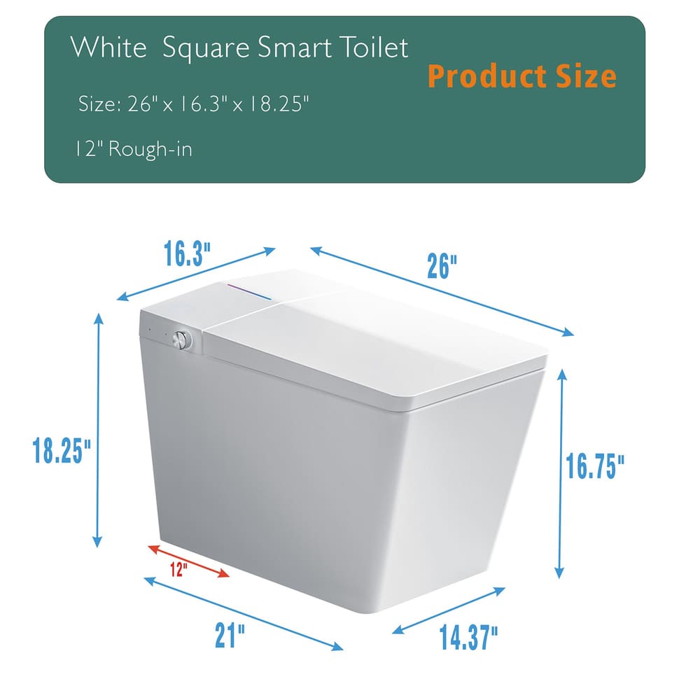 Square Smart Toilet with Built-in Tank for Modern Bathroom, Remote Control, Tankless Bidet Toilet with Foot Touching Lid Opening, Auto Flush, Heated Seat, LED Digital Display, User Memory, White/Black