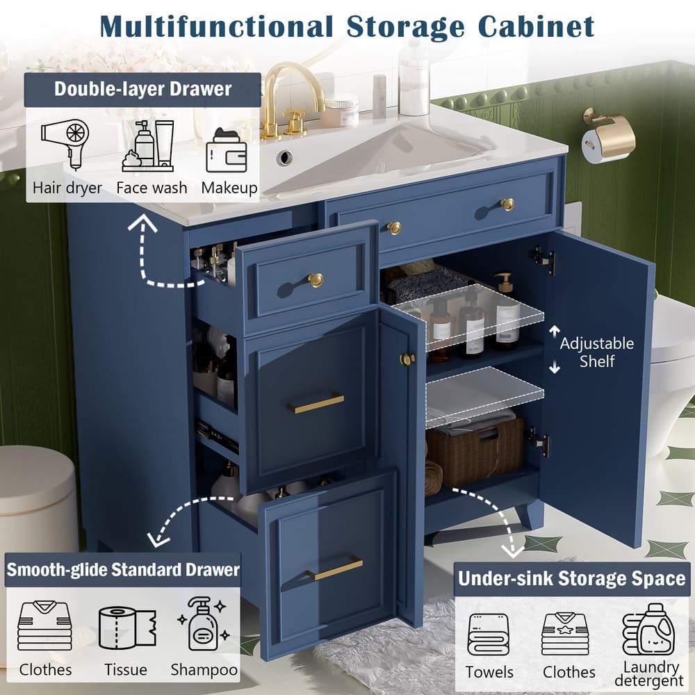 36" Bathroom Vanity with Ceramic Sink, Standard and Double-Layer Drawers, Soft Close Doors, Adjustable Shelves, Modern Storage Cabinet for Small and Medium Bathrooms