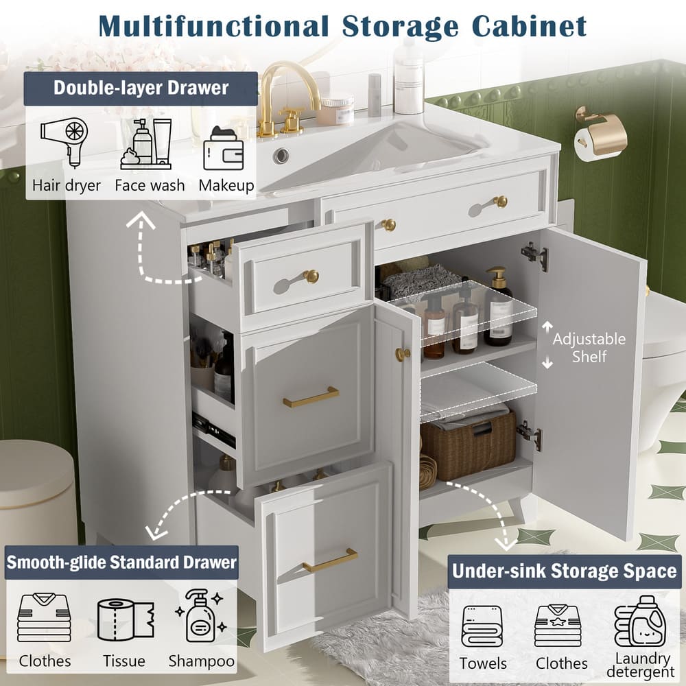36" Bathroom Vanity with Ceramic Sink, Standard and Double-Layer Drawers, Soft Close Doors, Adjustable Shelves, Modern Storage Cabinet for Small and Medium Bathrooms